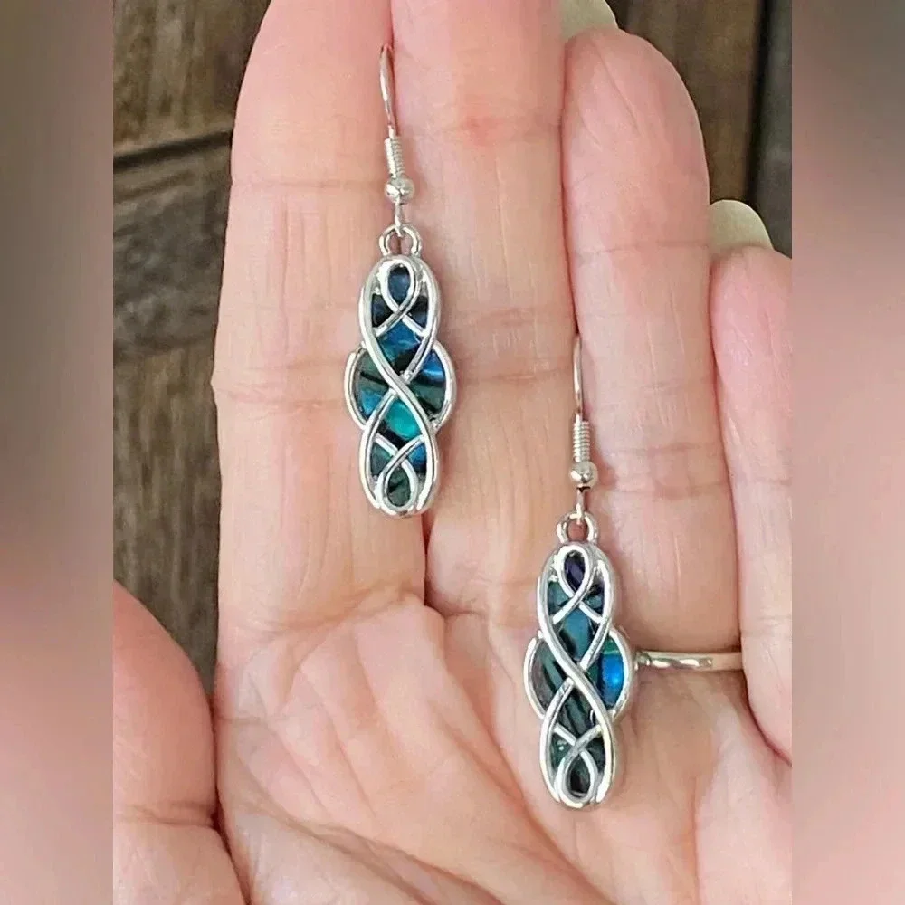 Beautiful Abalone Silver Tone Celtic Knot Drop Earrings G